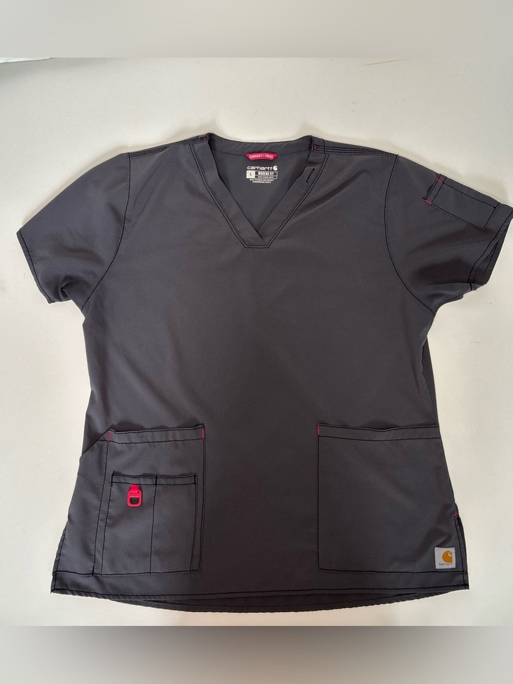 Carhartt Force Cross Flex Scrub Top Large Gray Red Accent V-Neck Modern Fit